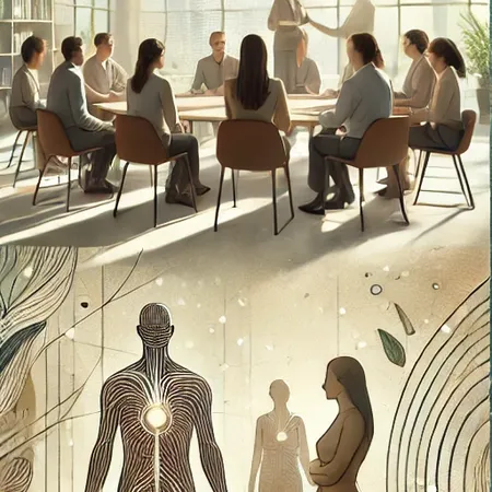 Illustration de constellations familiales avec un facilitateur guidant des participants en cercle, symbolisant la croissance personnelle et les relations humaines.